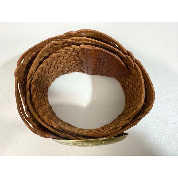 CHICO’S Women’s Boho Vintage Woven Leather Belt L Etched Brass Disc Hook Buckle - Picture 6 of 10